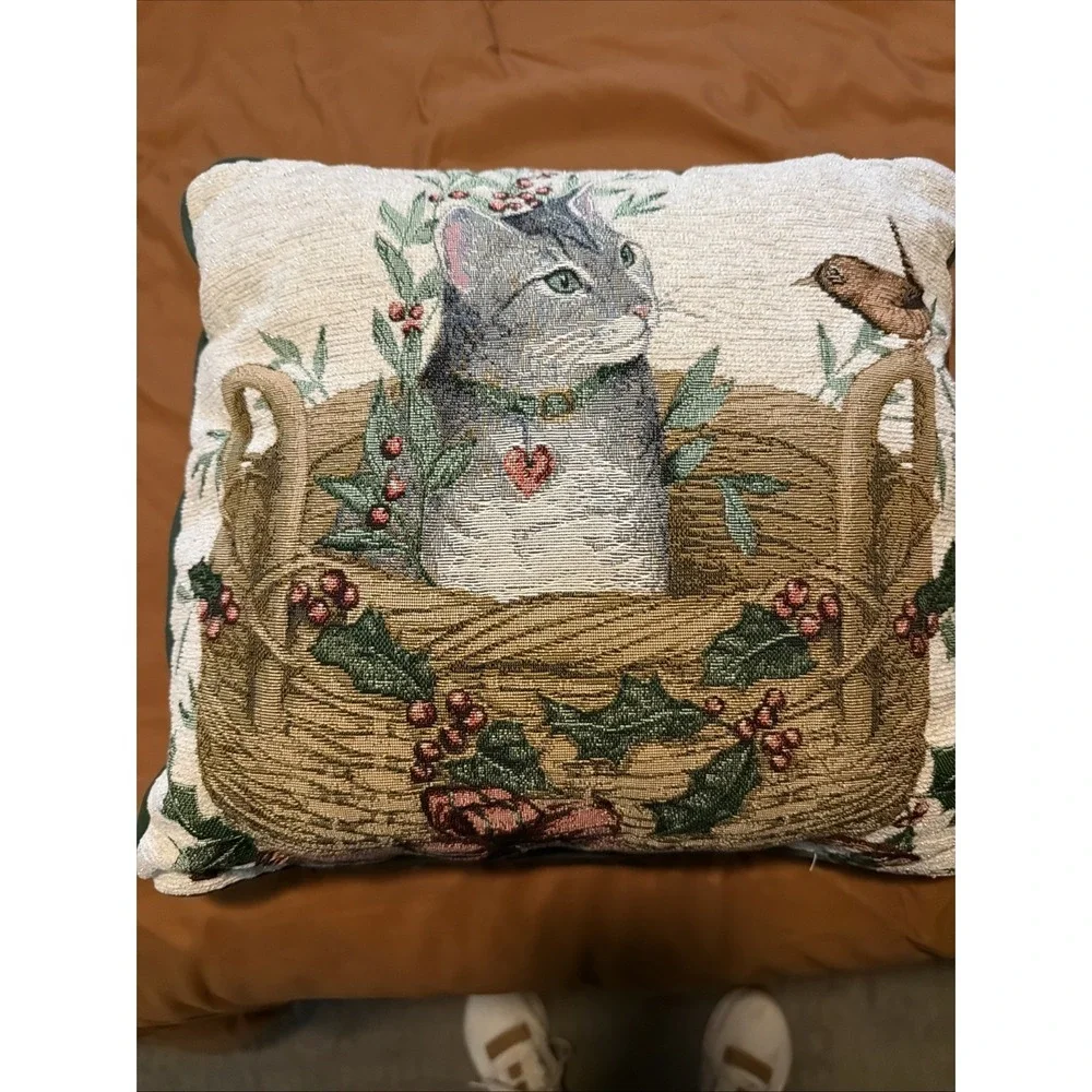 Vintage Debbie Cook Cat In Basket Tapestry Pillow With Bird Cottage Core